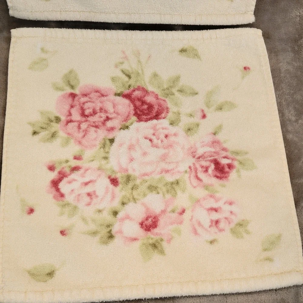 Terrisol Washcloth VTG Set 12x12 Cream Pink Rose Floral Cotton Karsten Brazil